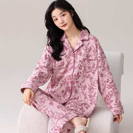 睡衣女春秋季纯棉长袖网红风2023新款秋冬开衫大码秋冬家居服套装