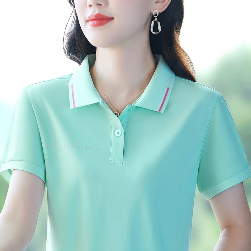 Ice silk quick-drying lapel short-sleeved T-shirt women solid color simple 2025 new leisure sports POLO shirt summer Ice silk quick-drying lapel short-sleeved T-shirt women solid color simple 2025 new leisure sports POLO shirt summer