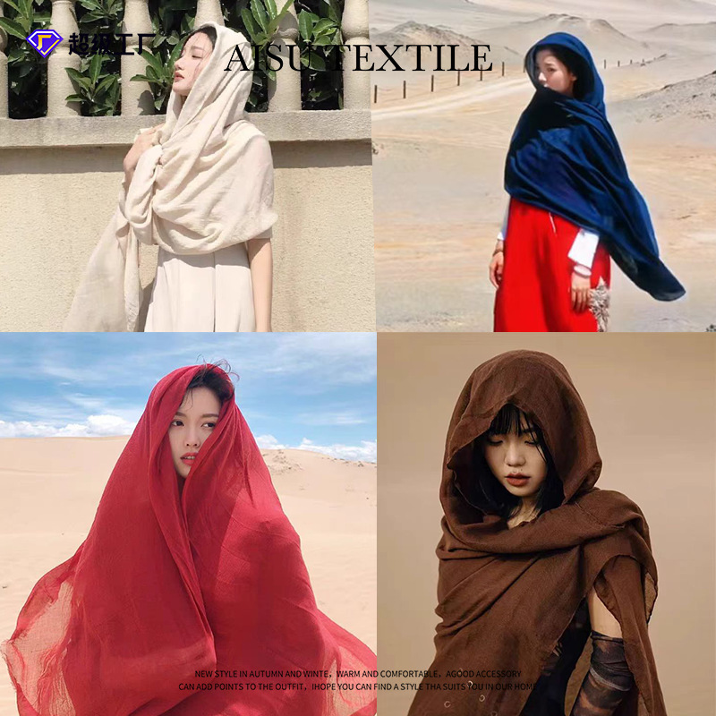 Ethnic Style Pure Color Scarf Shawl with Fashionable Literary Cotton and Linen Scarf Red Silk Scarf Women's Desert Travel Shawl