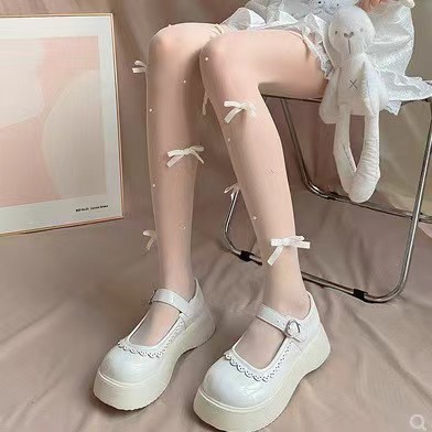 Japanese Style Jk Bow Pearl White Stockings Lolita Leg Shaping Thin Anti-Snagging Lolita Pantyhose