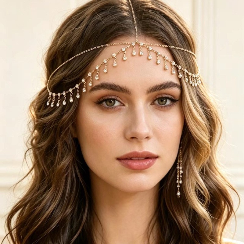 European and American cross-border accessories, fashionable layered tassel head chain hair accessory, high-end diamond-encrusted pendant bridal forehead chain