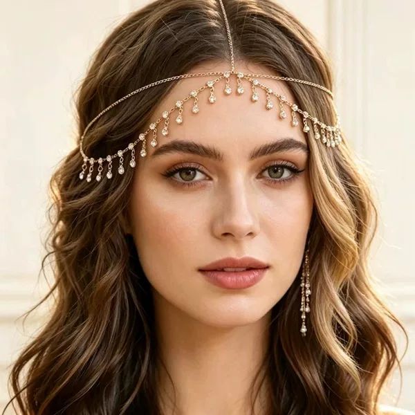 European and American cross-border accessories, fashionable layered tassel head chain hair accessory, high-end diamond-encrusted pendant bridal forehead chain