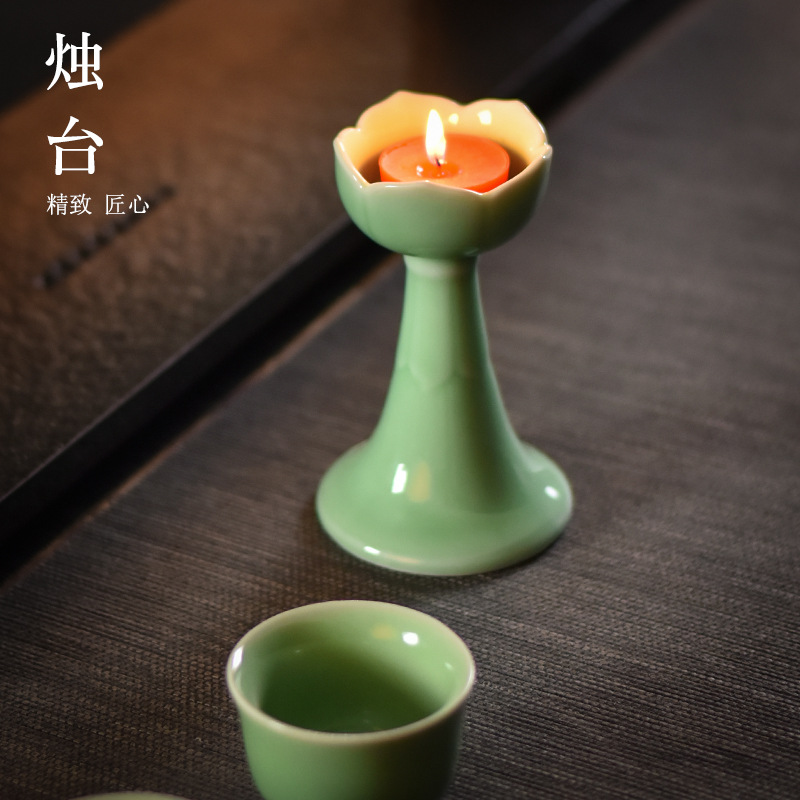 中式莲花烛台家用佛前青瓷烛台供奉蜡烛陶瓷酥油灯座饰品摆件