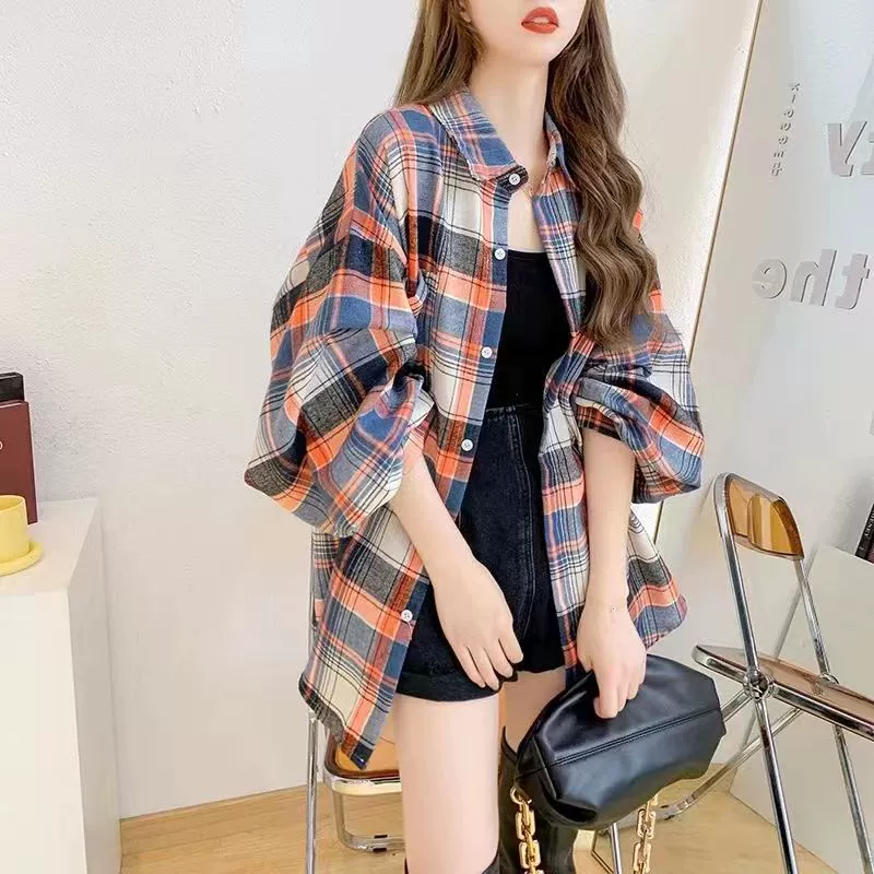 2023 осень новый клетчатая рубашка школьница корейская версия свободного воротника с длинными рукавами рубашка тонкая куртка топ женский