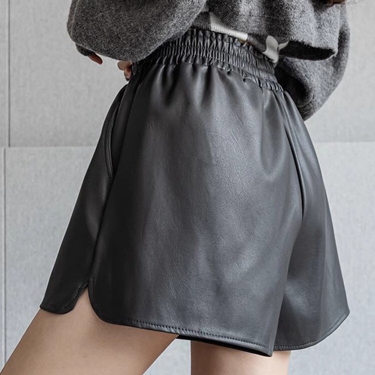 Casual Pu Leather Shorts for Women, Spring and Autumn, Korean Style, Petite, Elastic High-Waisted, Wide-Leg A-Line Leather Pants, Leggings, Boot Shorts Casual Pu Leather Shorts for Women, Spring and Autumn, Korean Style, Petite, Elastic High-Waisted, Wide-Leg A-Line Leather Pants, Leggings, Boot Shorts