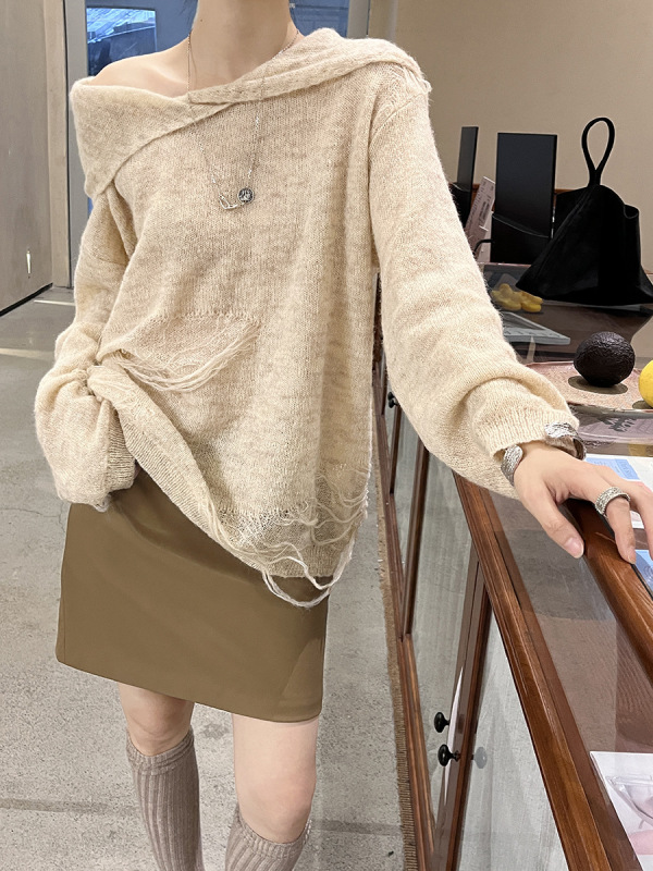 初打十三行秋冬新款软糯慵懒风羊毛毛须连帽套头百搭毛衣女ZA3163|undefined