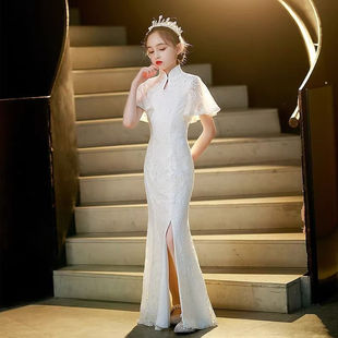 2025 New White Girls' Improved Cheongsam Children's Piano Performance Guzheng Performance Outfit Chinese Style Host Dress