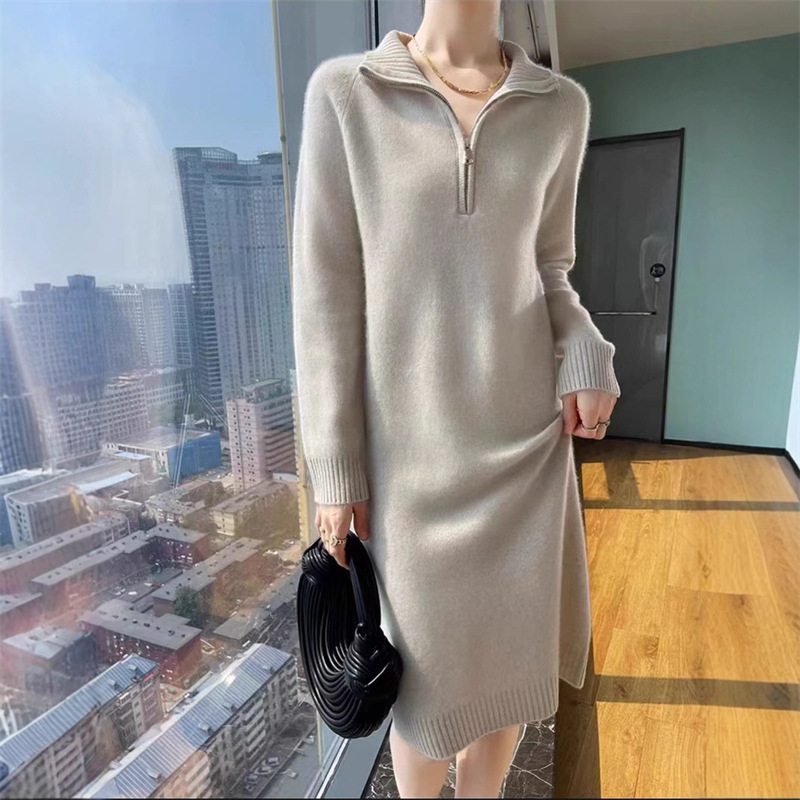 Half-High Collar Zipper Autumn and Winter New Slim Long Knitted Dress with a Lazy Design and Versatile Loose Sweater for Women