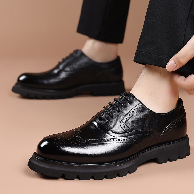 Giày da nam công sở kiểu brogue khắc hoa văn, da bò lớp đầu, đế cao su xốp nhẹ, dây buộc — Màu nâu, màu đen