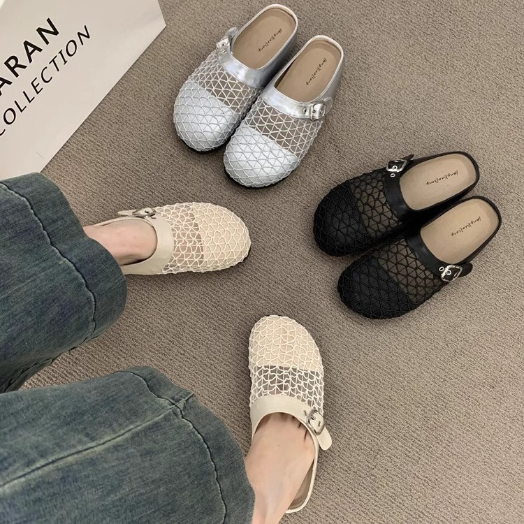 Media pantuflas de malla transpirable hueca de nicho francés, mujer que usa una red de pesca de suela gruesa para el verano, zapatos Birken