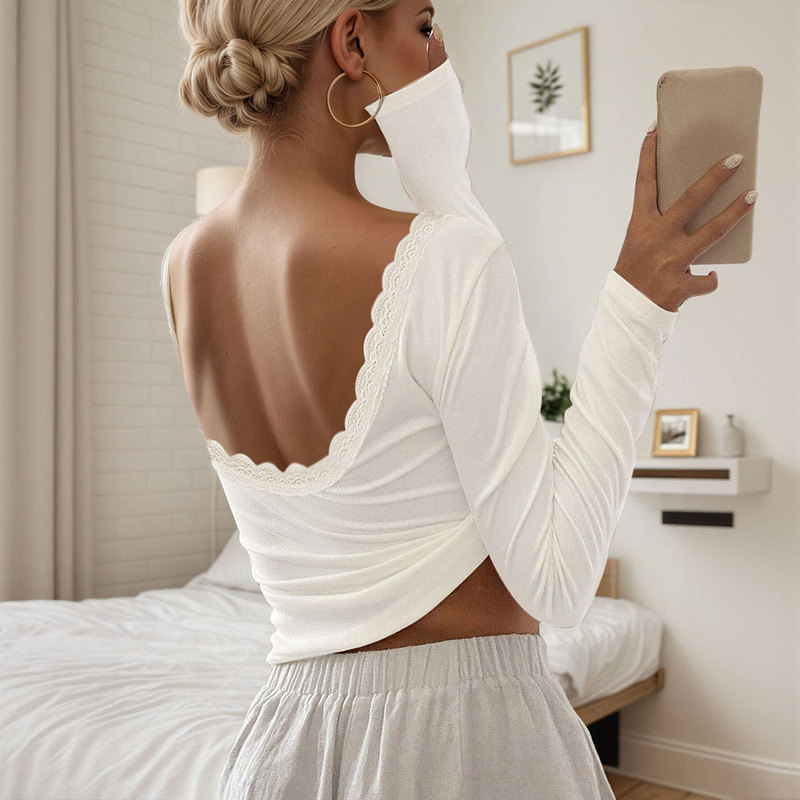 European and American Cross-Border Amazon Hot-Selling Lace Patchwork Ribbed Sexy Sweet and Spicy Backless Slim-Fit Long-Sleeve Top