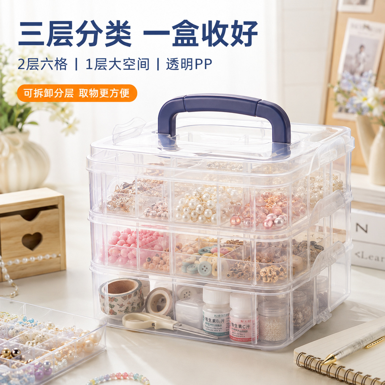 手提三层分格收纳盒透明PP可拆卸六格首饰药品拼豆化妆品收纳整理产品实拍图