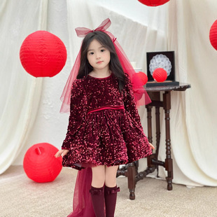 Christmas New Year Autumn and Winter Flash Red Sequins Girl's Big Bow Mesh Tutu Dress Little Girl's dress