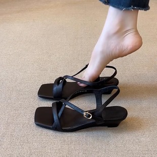 Minimalist Retro One-Strap Versatile Black Commuter Sandals Women's Wedge Heel Square Toe Open-Toe Women's Shoes