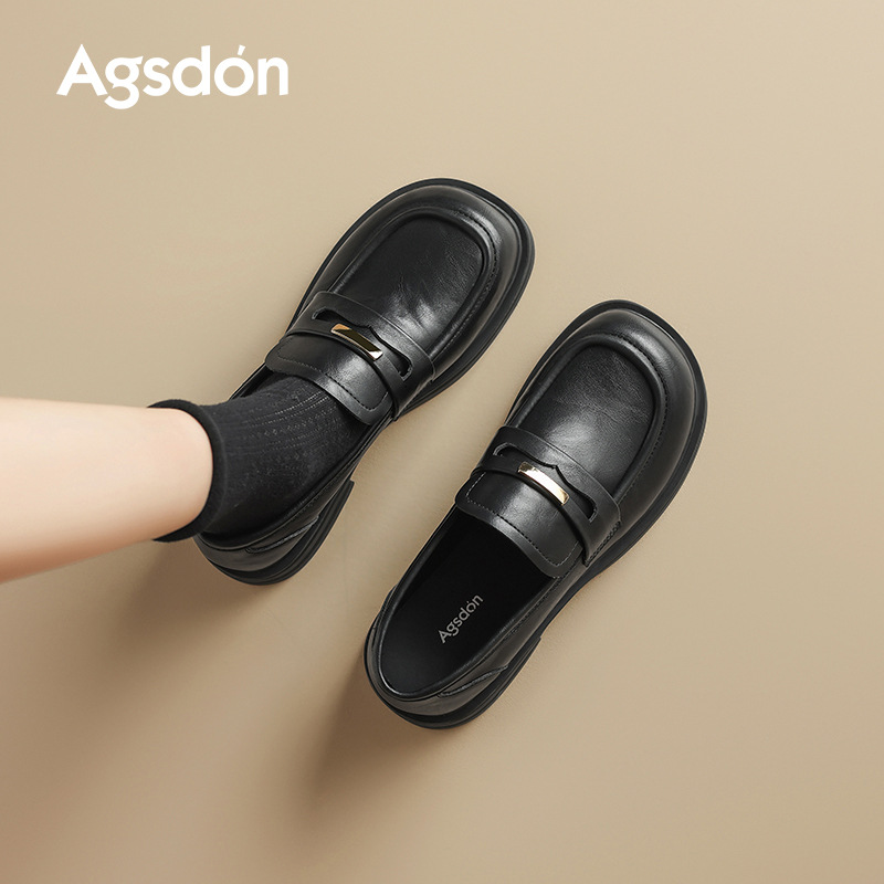 Augu Shi Deng zapatos de cuero negro para mujeres 2026 nuevo estilo de primavera británico tacones gruesos Lefour zapatos de sola suave