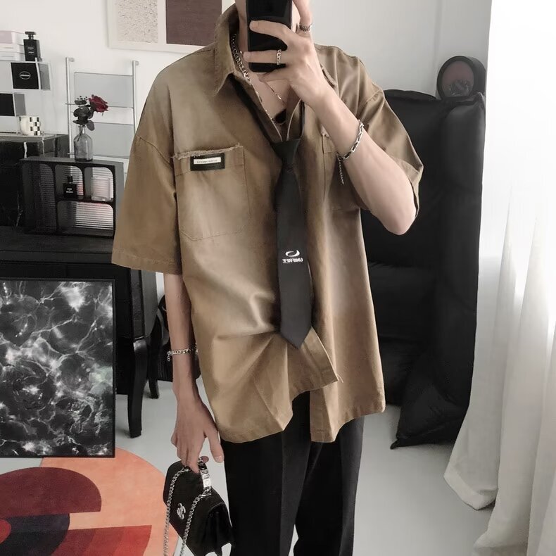 Gradient Denim Short-Sleeved Shirt for Men, Summer Loose Trendy Casual Half-Sleeved Shirt, American High Street Fashion Brand Jacket