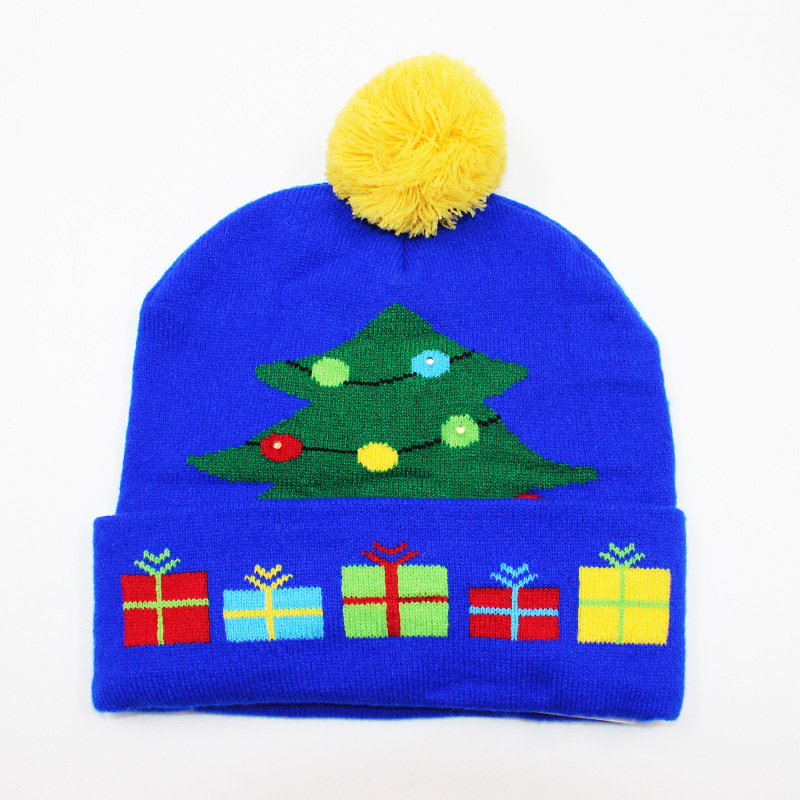 Fabricante transfronterizo de gorros navideños europeos y americanos tejidos en jacquard, gorros navideños de lana con luces LED, gorros navideños con pompón y bufandas. image 12