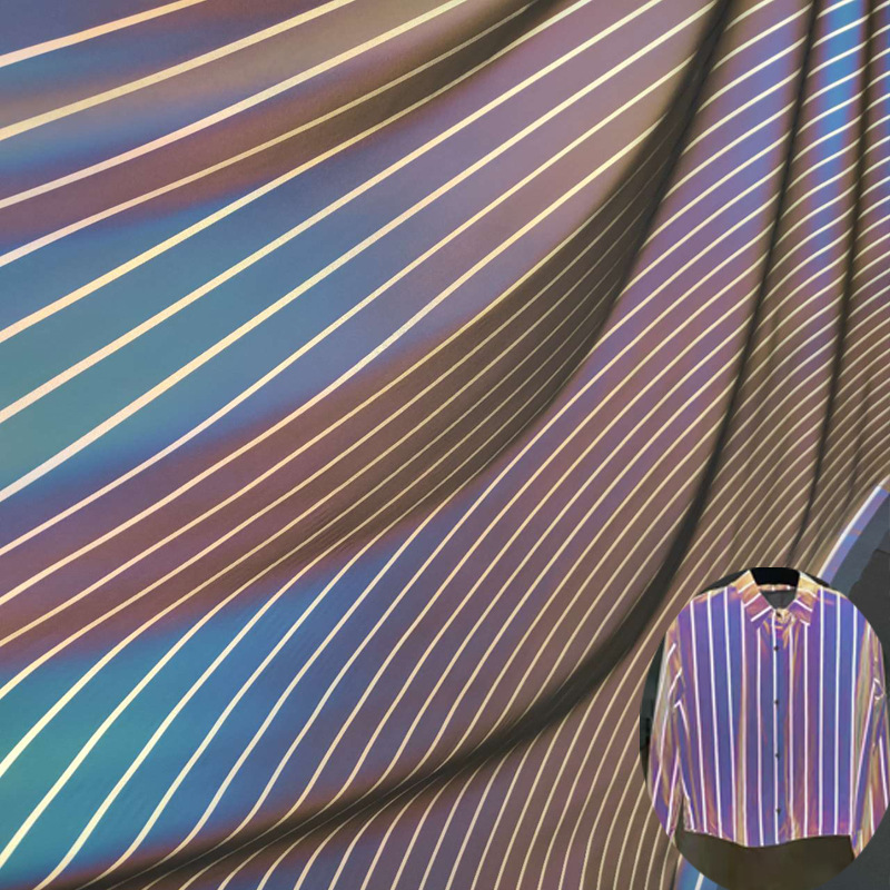 七彩反光化纤布时尚休闲竖纹开衫条纹衬衫反光面料幻彩反光印花布