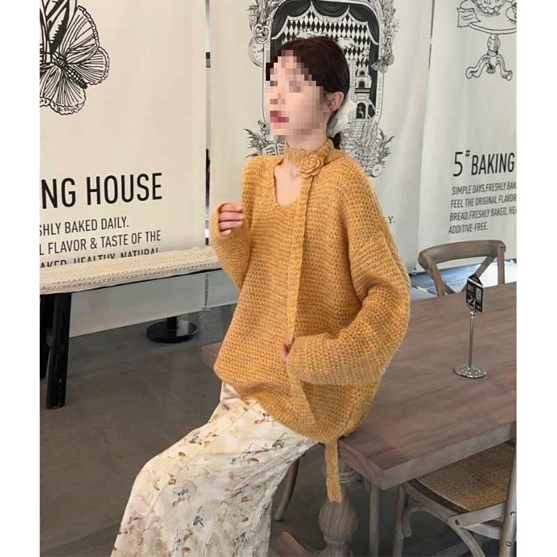 Three-Dimensional Flower Floating Collar Soft Waxy Knitwear Knitwear for Women Spring and Autum Lazy Style Loose Casual Long-Sleeved Top
