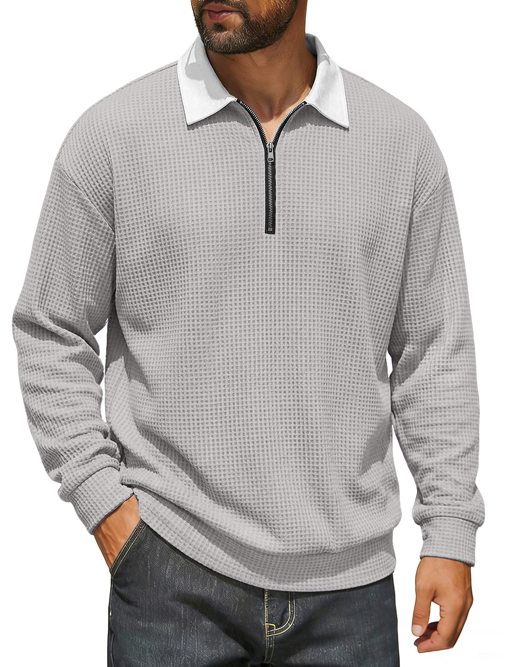 Europa y los Estados Unidos de la nueva primavera de hombres con solapa semiacremallera Waffle color superior americano casual comercio exterior jersey
