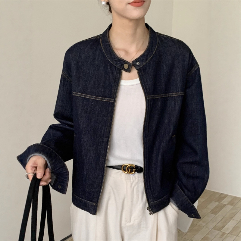 2026 Spring New Style Yarn-Dyed Drop-Shoulder Sleeves Slim-Fit Short Stand-Collar Denim Jacket Themindlh Style