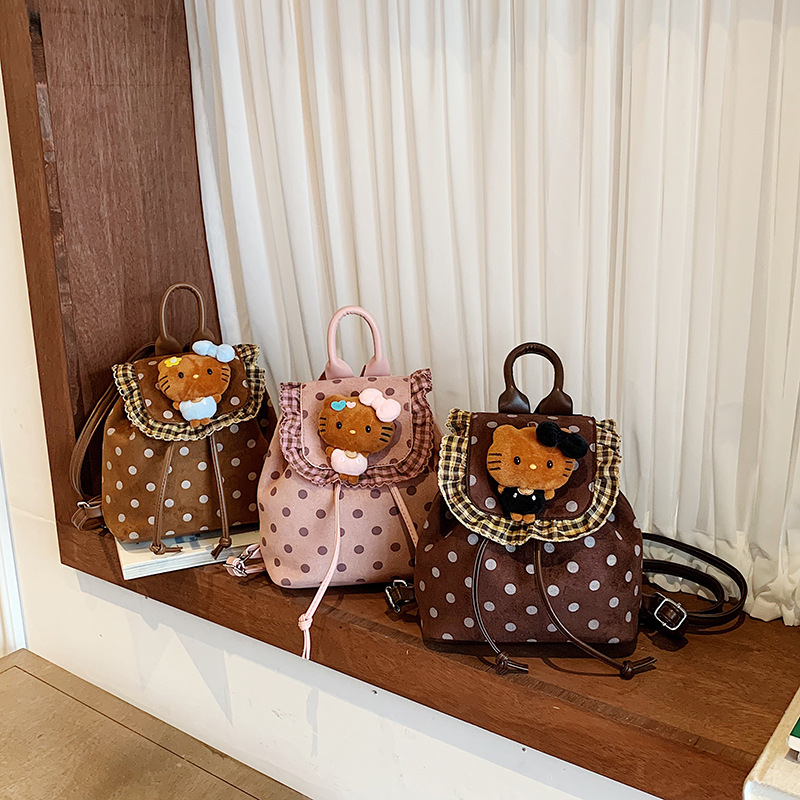 Children's Backpack 2026 New Polka Dot Lace Trim Cat Backpack Fashionable Cute Girl's Daily Outing Small Backpack