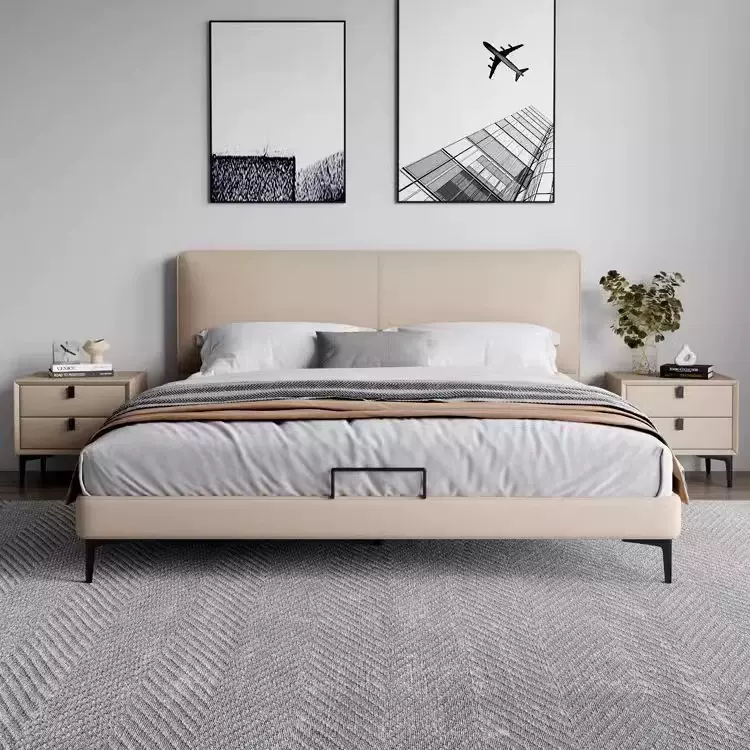 意式头层牛皮真皮床现代简约小户型 1.8米卧室双人轻奢网红齐边床