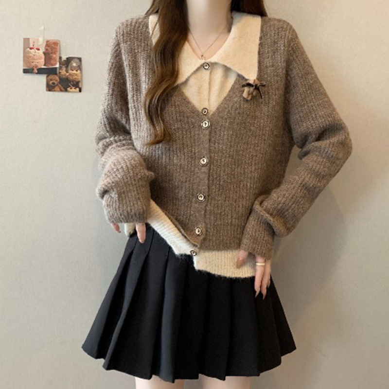 美拉德咖色翻领正肩毛衣外套女2025春秋款大码胖mm假两件针织开衫|undefined