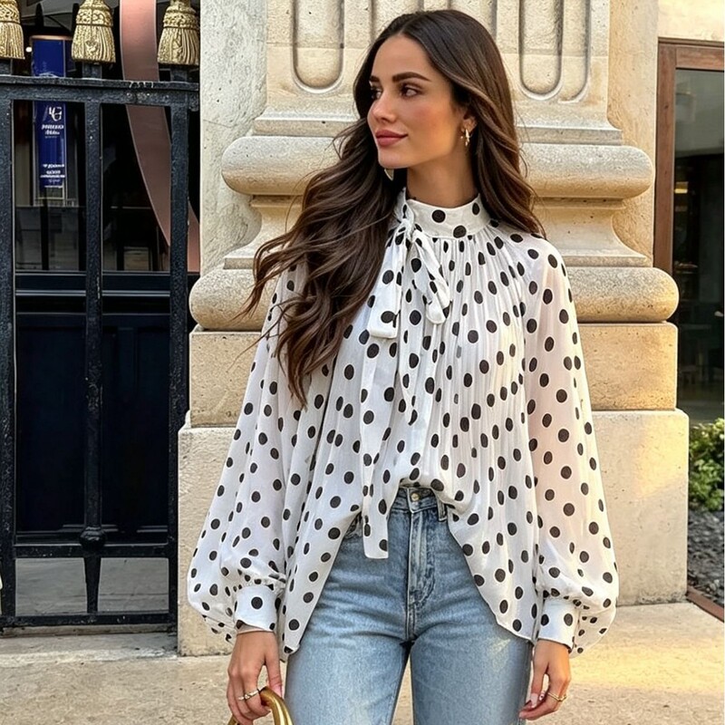 2026 European and American foreign trade polka dot pleated lace-up semi-transparent chiffon lantern sleeve elegant loose top 2026 European and American foreign trade polka dot pleated lace-up semi-transparent chiffon lantern sleeve elegant loose top
