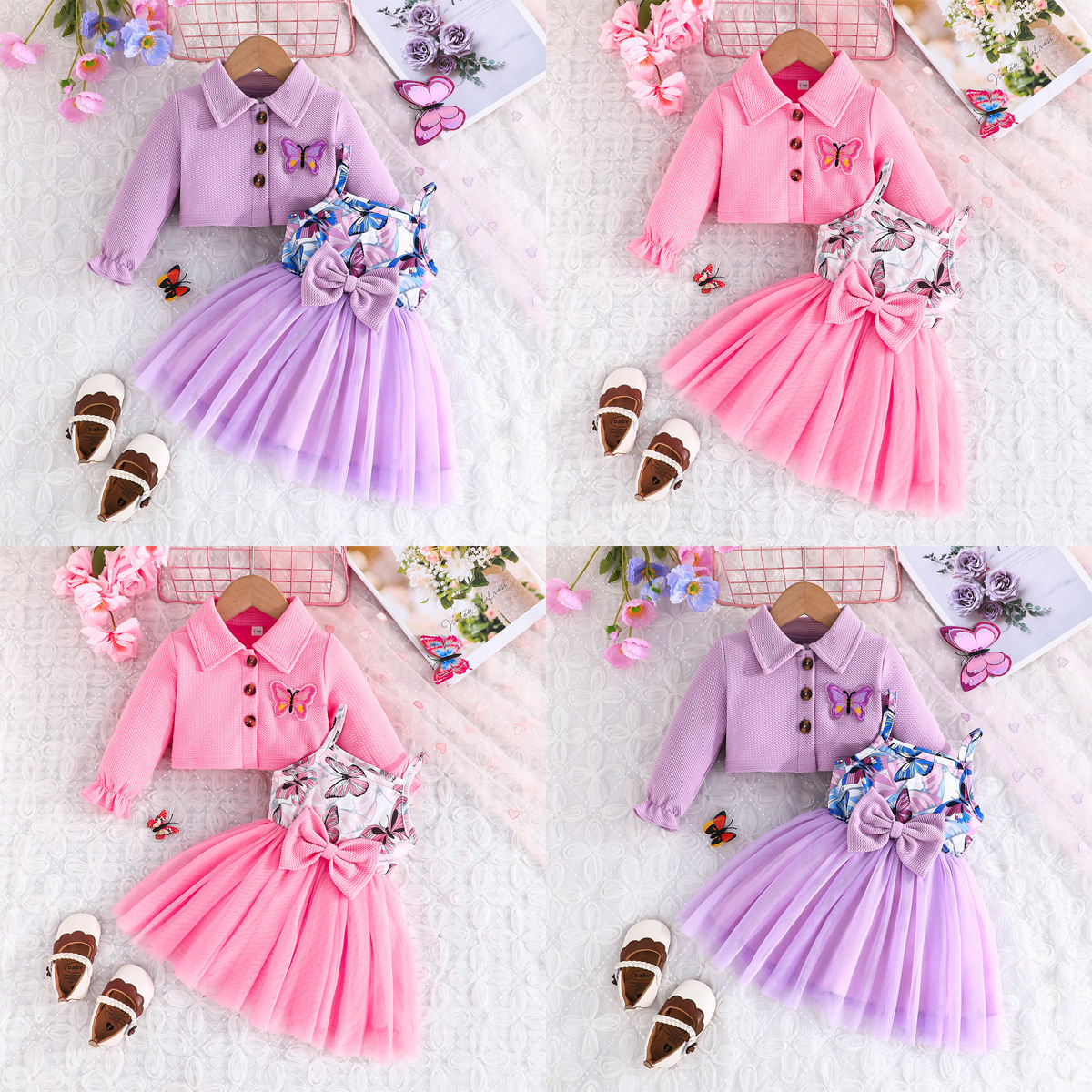 2025 Baby Girls Two-Piece Outfits Butterfly Embroidery Long Sleeve Coat and Purple Butterfly Suspender Mesh Dress Set