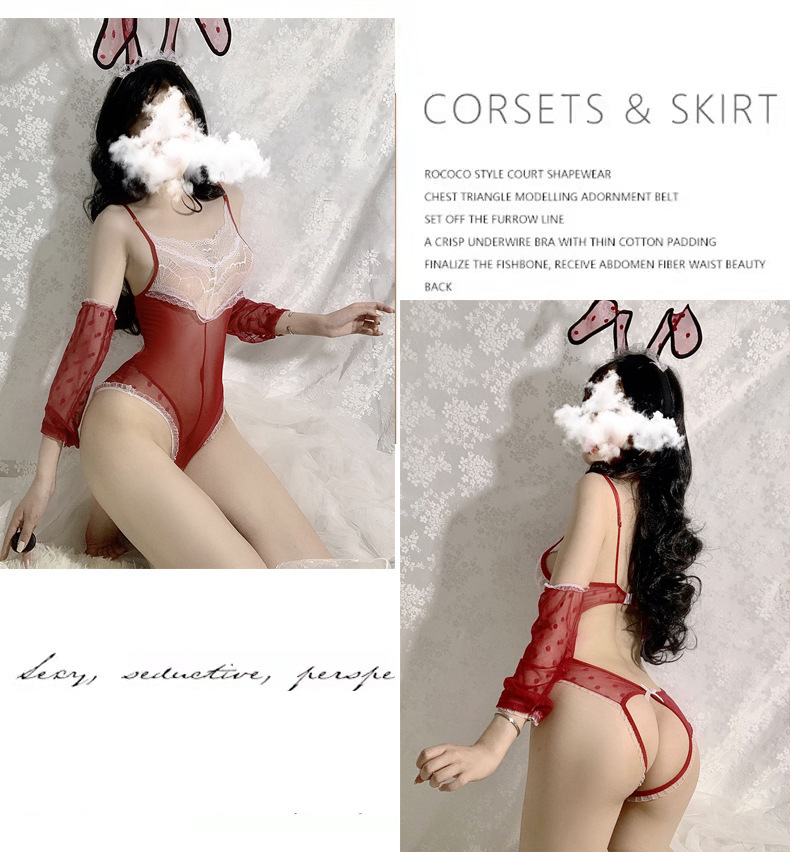 Bunny Roleplay Costume Set with Headpiece, Bodysuit and Gloves in Pink — detail image 23