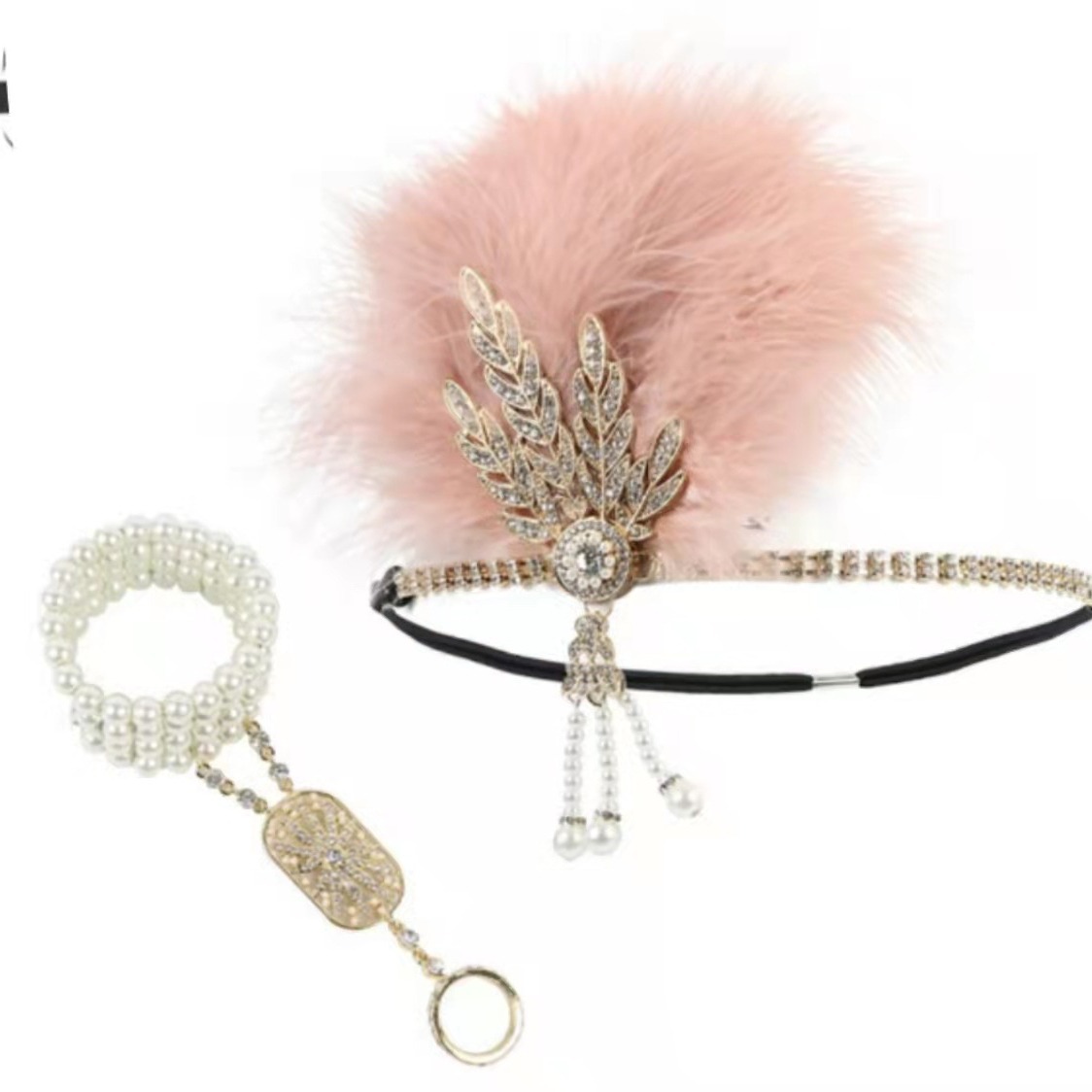 1960s Gatsby Venta caliente retro danza diadema negro avestruz pluma banda de pelo perla rhinestone tocado club nocturno