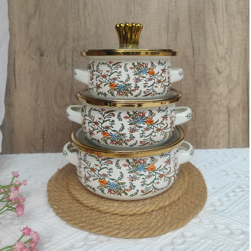 Thickened three-piece set of enamel enamel pot double-ear soup pot boiling pot instant noodles bowl small hot pot lard bowl household soup bowl
