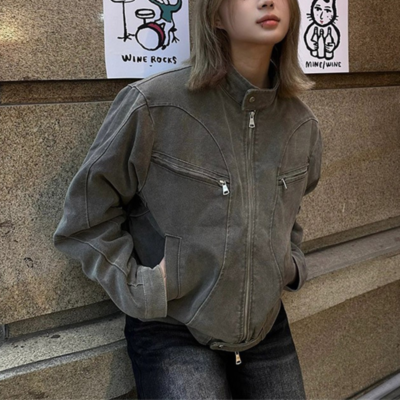 American retro washed denim jacket, unisex, spring and autumn, unique design, couple's stand-up collar Harrington jacket.