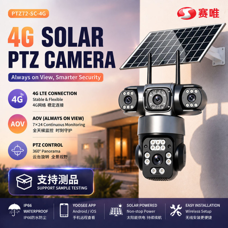 Three-lens solar-powered 4G wireless PTZ camera, outdoor waterproof night vision mobile remote security monitor