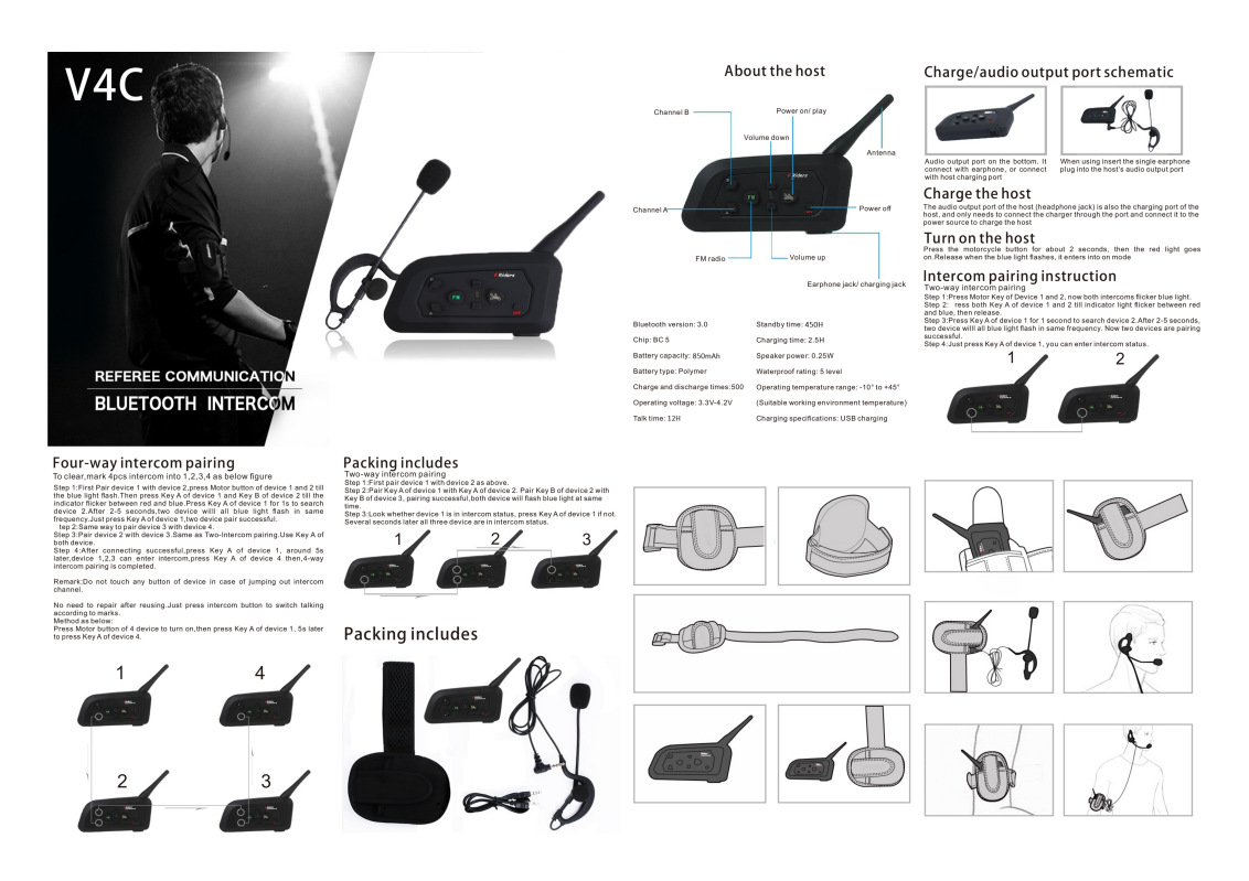 Xinowyv4Cpro Football Referee Intercom Headset Bluetooth Headset 4 People Simultaneous Calls 3 Set with Cosmetics Bag
