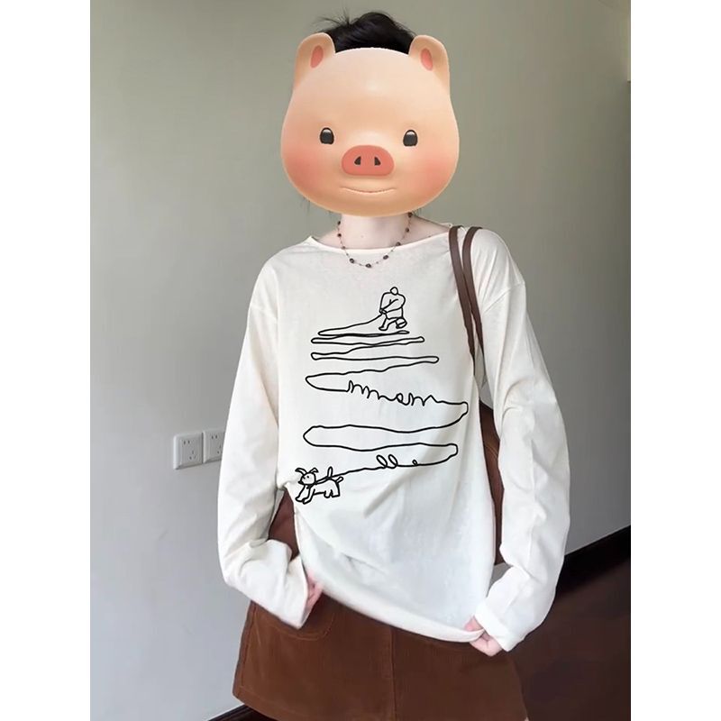 慵懒风松弛感罩衫女早秋季穿搭遛狗印花长袖t恤宽松百搭薄款上衣|undefined