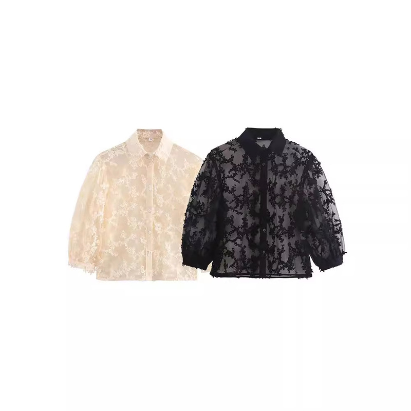 Autumn 2024 New Arrival Women's Clothing Embellished Flower Decoration Long Sleeve Lapel White Casual Top Transparent Shirt