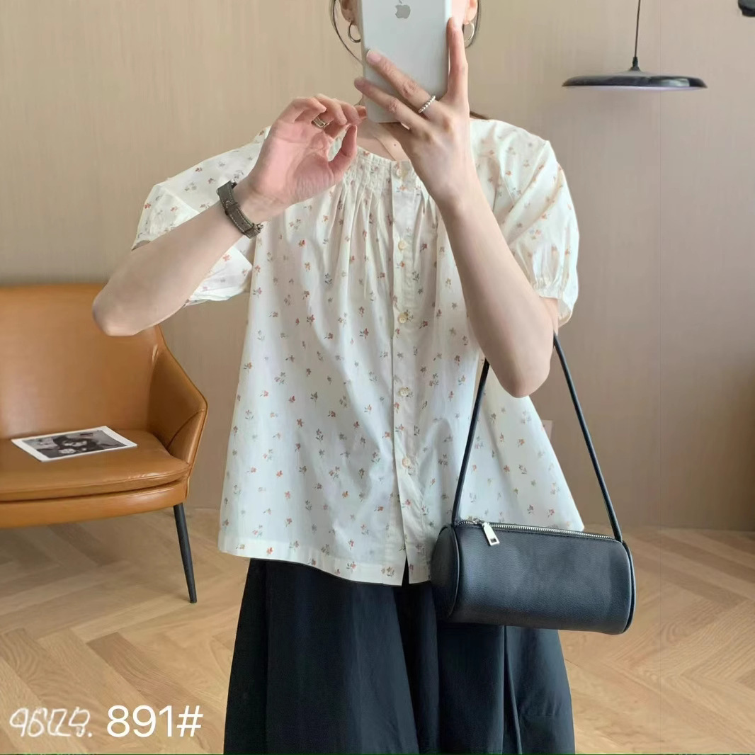 韩版新款短袖衬衫韩版文艺小清新田园风宽松小碎花衬衣女小衫