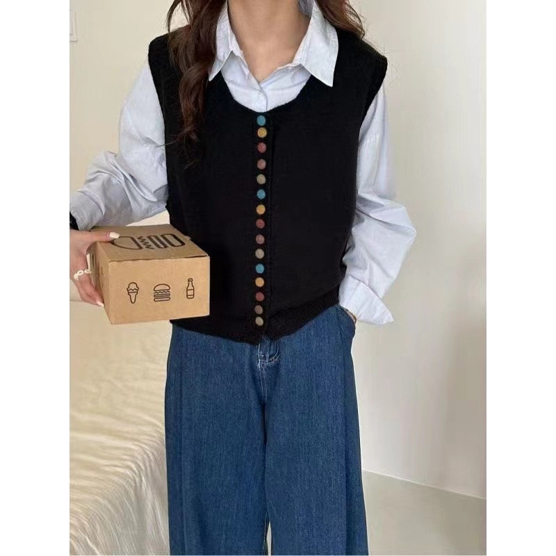 Retro arcoíris botón de cuello redondo chaleco de punto para mujeres 2025 otoño y invierno nuevo plegado para vestir una camisa universal para mujeres image 1