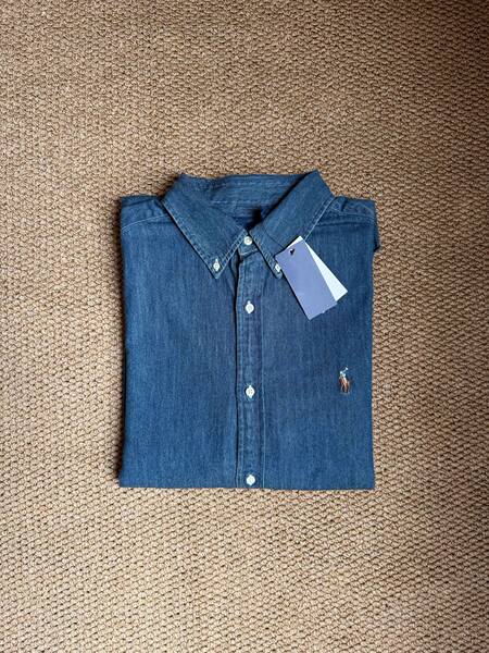 Áo sơ mi denim nam cổ điển thêu logo ngựa, áo sơ mi cotton dáng suông mặc ngoài — Áo sơ mi denim (nam)