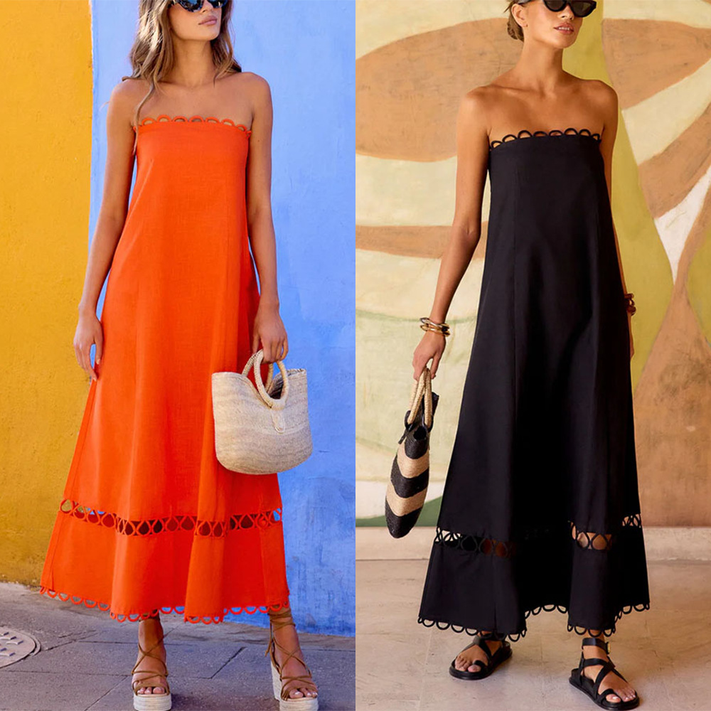 Independent Station Amazon European and American Women's Cross-border Lace Border Solid Color Sleeveless dress Fashion Dress 8161