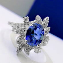 慕景珠宝  2023新款925银合成蓝宝石戒指椭圆形7*9冰花切花卉指环