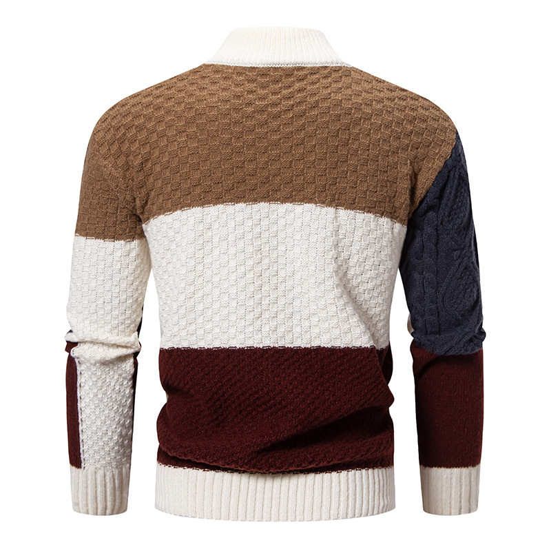Men's Clothing Men's Color Block Crewneck Sweater, Casual Knit Pullover With Relaxed Fit, Semi-Turtle Neck Winter Warm Top For Teens & Adults_voghion.com
