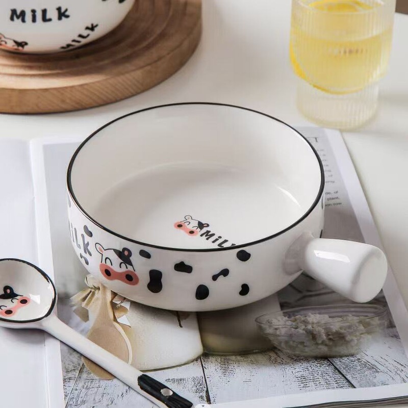 Ceramic Household Baking Bowl with Cow Handle, Creative Cartoon Bowl, Trendy Cute Bowl and Spoon Set, Ceramic Baking Bowl Ceramic Household Baking Bowl with Cow Handle, Creative Cartoon Bowl, Trendy Cute Bowl and Spoon Set, Ceramic Baking Bowl