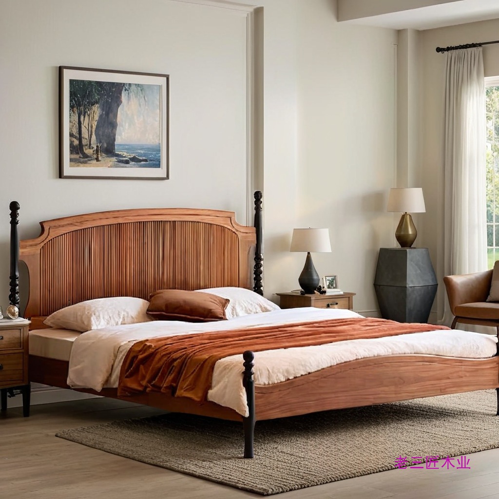 法式复古北欧实木床中古风主卧大床美式北美黑胡桃木卧室双人床