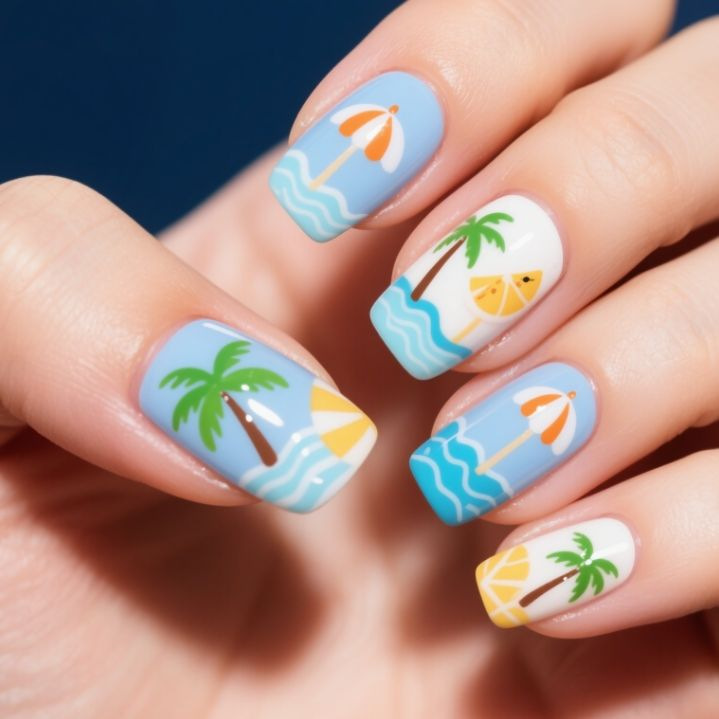 New Foreign Trade Nail Art Pieces for Summer, European and American Hawaiian Style Beach Design, Mid-Length Square Nails, Wearable Nails
