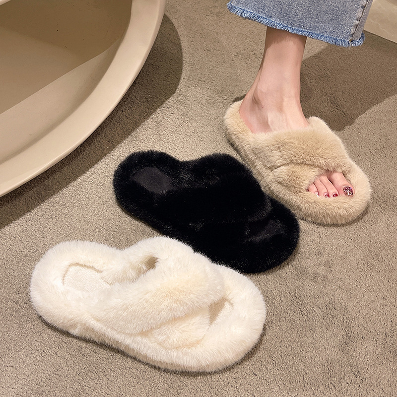 レディー! 暖かい4本のクロス毛付きスリッパ滑り止め超大サイズのベルベット靴家庭の透かし彫りカジュアルスリッパ|undefined