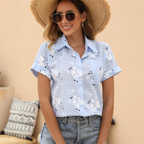  Summer New European and American Printed Casual Loose Short Sleeve Linen Cotton Blouse Women 