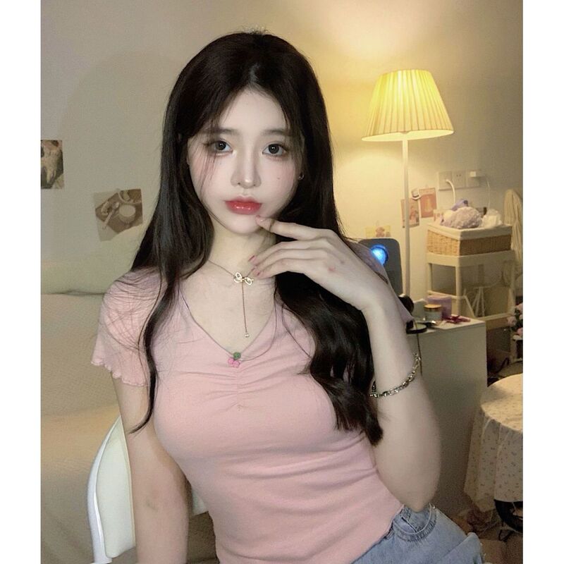 Pure Desire Small Sexy Slim-fit Hot Spice Girl Figure Short Top 2023 Summer Tight V-neck Short-sleeved T-shirt for Women